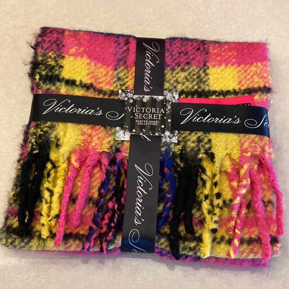 Victoria’s Secret winter angel collection, fuchsia and yellow plaid scarf.